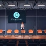 Sala de conferencias moderna con pantallas digitales mostrando logotipos de startups