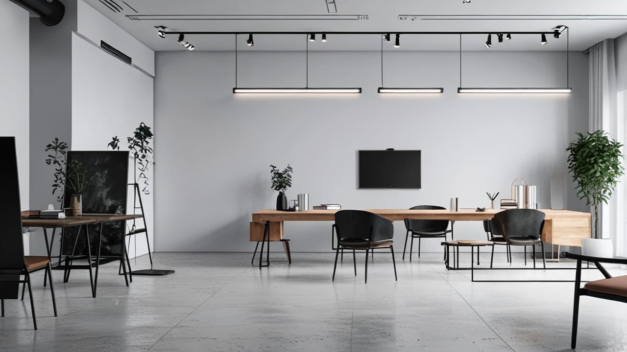 Oficina moderna con decoración minimalista y dispositivos tecnológicos.