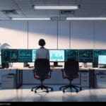 Oficina moderna de una startup tecnológica con computadoras y pantallas de datos