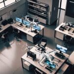 Interior de una oficina de tecnología con drones y hardware innovador en exhibición
