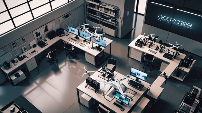 Interior de una oficina de tecnología con drones y hardware innovador en exhibición