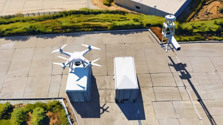 Drone volando sobre un paisaje industrial en un día soleado