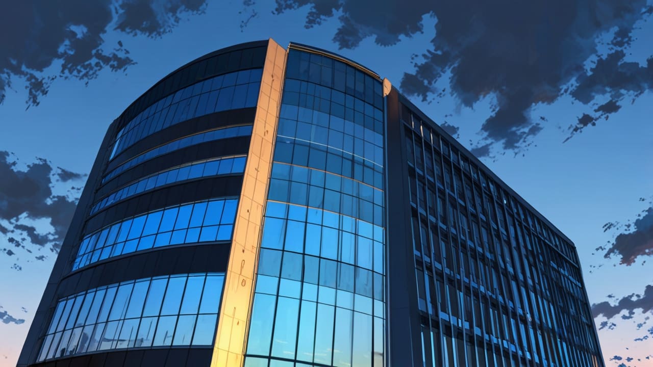 Edificio corporativo moderno en Cantabria, iluminado al atardecer, con un cielo limpio y azul