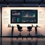 Oficina moderna de una startup tecnológica con pantallas computacionales y gráficos de crecimiento en las paredes