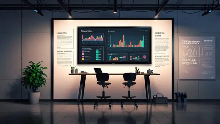 Oficina moderna de una startup tecnológica con pantallas computacionales y gráficos de crecimiento en las paredes