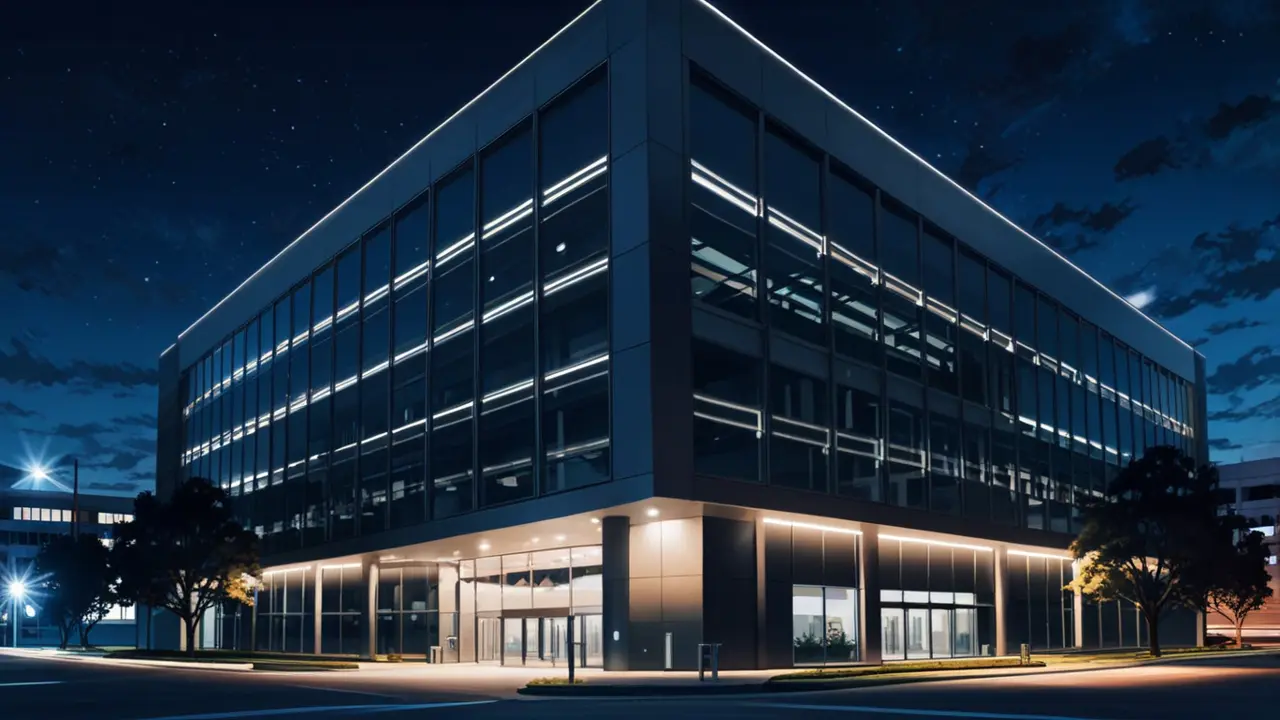 Edificio moderno de oficinas tecnológicas con iluminación nocturna