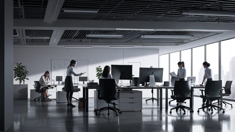 Oficina moderna con tecnología avanzada y áreas de trabajo colaborativo