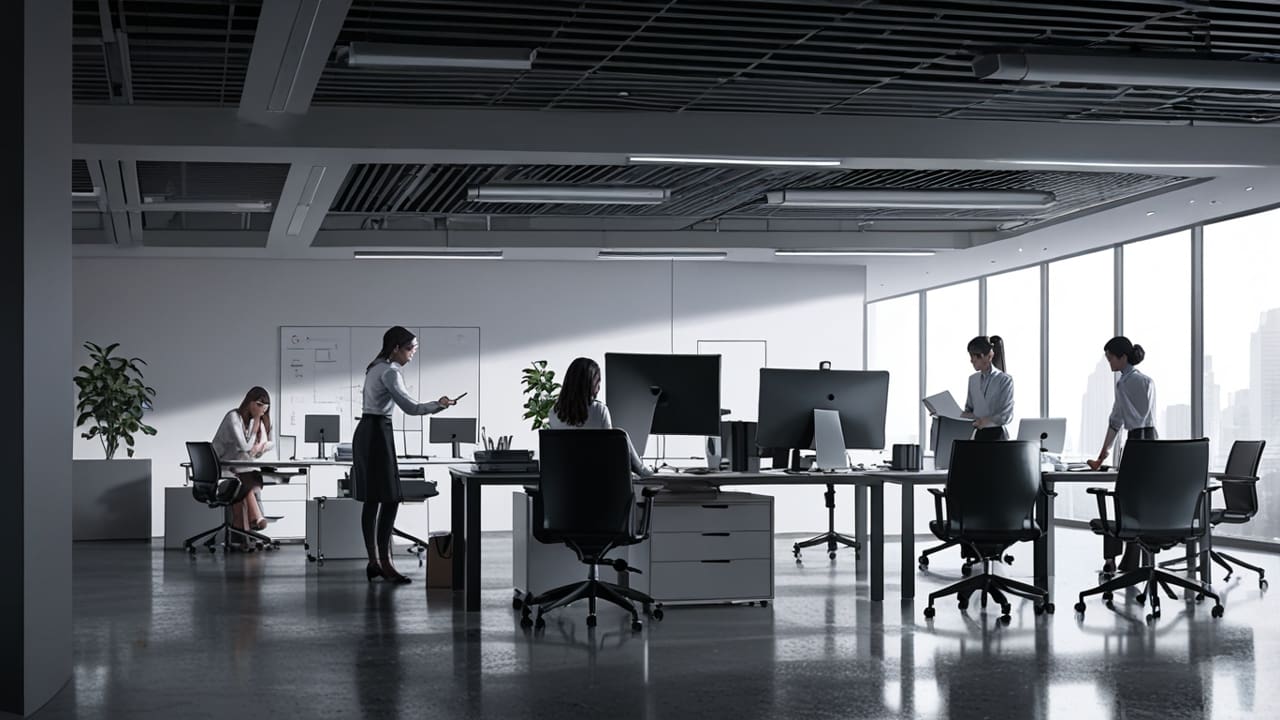 Oficina moderna con tecnología avanzada y áreas de trabajo colaborativo