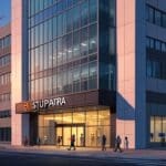 Fachada moderna de un edificio empresarial de startups en una ciudad al amanecer