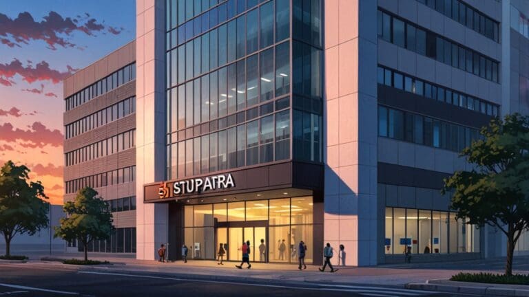 Fachada moderna de un edificio empresarial de startups en una ciudad al amanecer