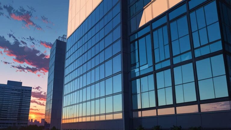 Vista moderna de un edificio tecnológico con diseño innovador al amanecer
