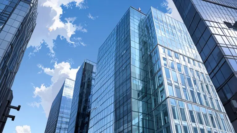 Edificios modernos de oficinas conectados por tecnología con un cielo despejado