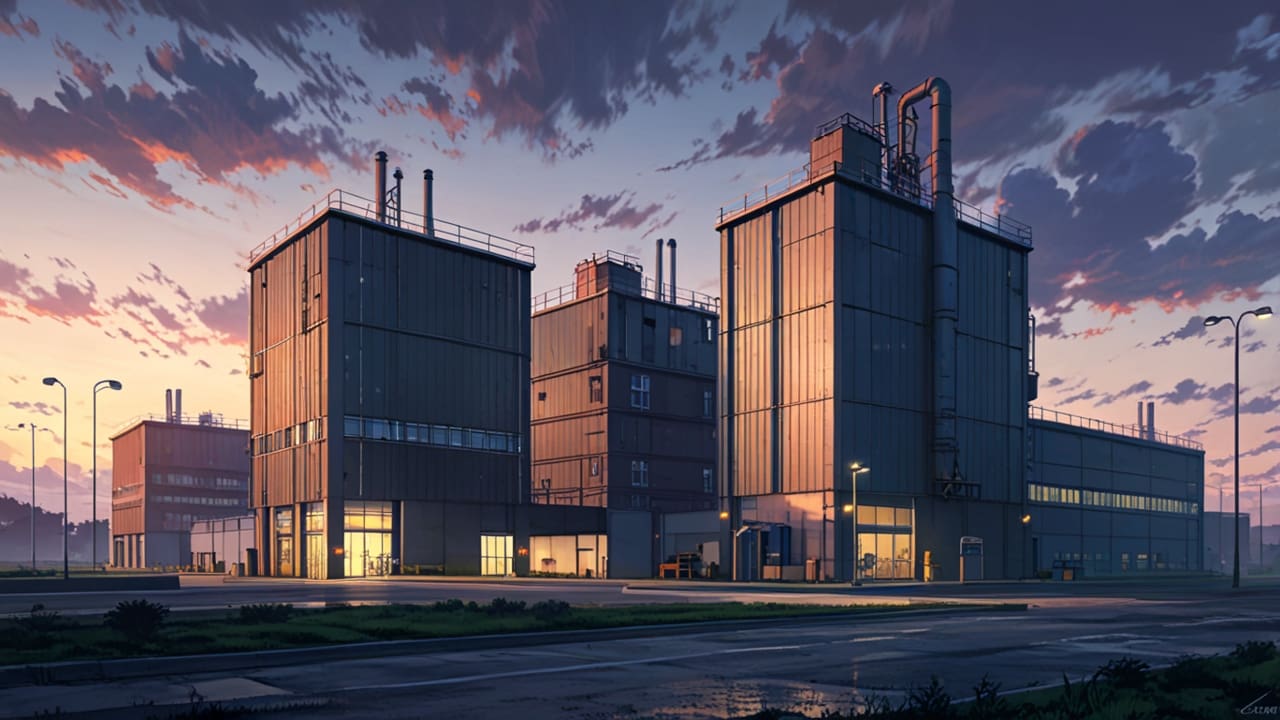 Edificios tecnológicos y automotrices en un parque industrial moderno al amanecer