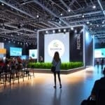 Feria internacional de acuicultura en un moderno centro de conferencias con stands tecnológicos