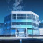 Edificio moderno de tecnología e innovación con un fondo azul claro