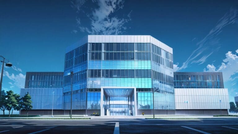 Edificio moderno de tecnología e innovación con un fondo azul claro