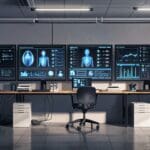 Oficina moderna con computadoras y pantallas mostrando gráficos de inteligencia artificial