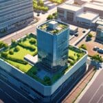 Vista aérea de un centro empresarial tecnológico con edificios modernos y áreas verdes.