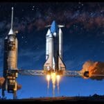 Nave espacial moderna en lanzamiento con fondo de cielo estrellado y tecnología avanzada