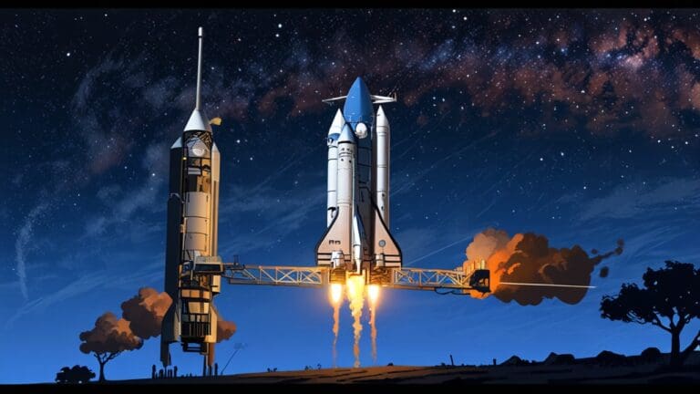 Nave espacial moderna en lanzamiento con fondo de cielo estrellado y tecnología avanzada