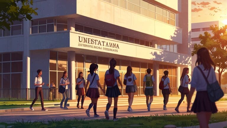 Moderno campus universitario al atardecer con estudiantes interactuando