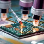 Laboratorio tecnológico con microchips y muestras biológicas bajo un microscopio