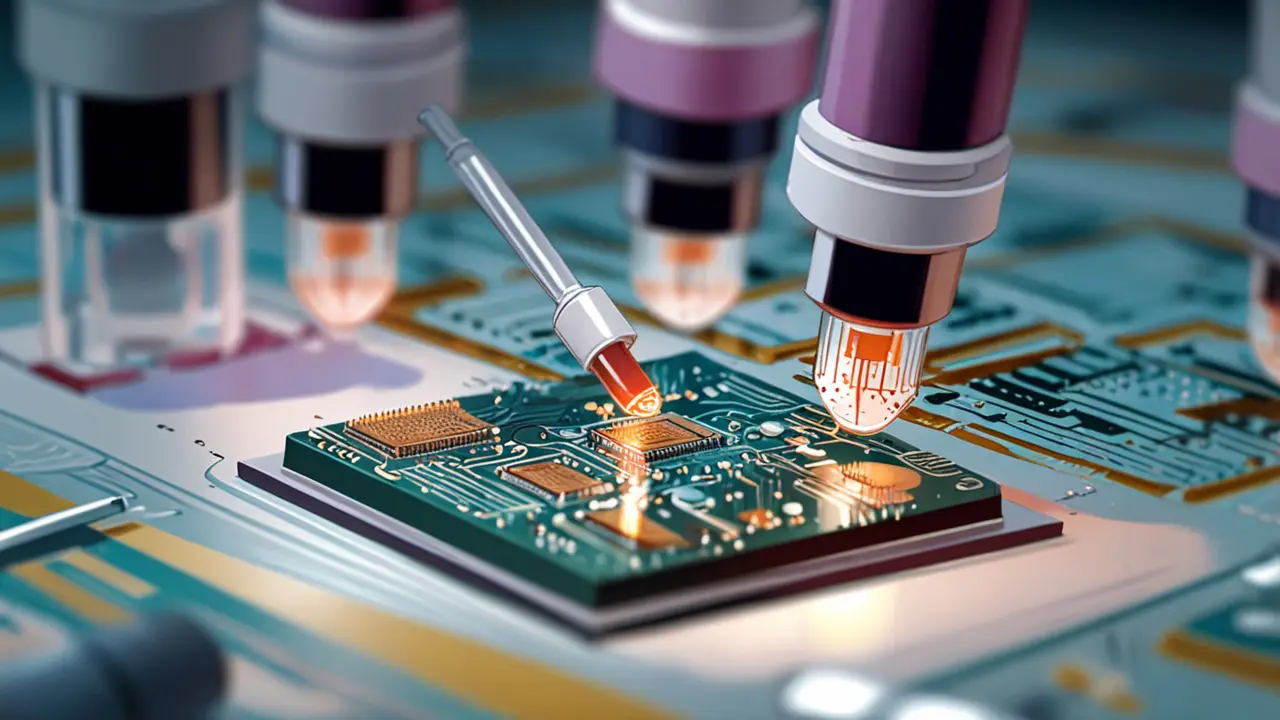 Laboratorio tecnológico con microchips y muestras biológicas bajo un microscopio