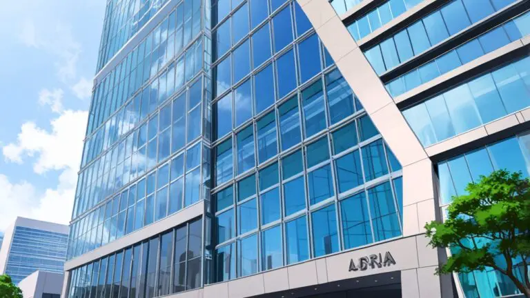 Edificio corporativo moderno rodeado de naturaleza y tecnología