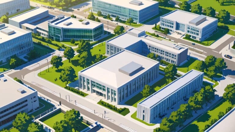 Vista aérea de universidad con edificios modernos rodeados de áreas verdes