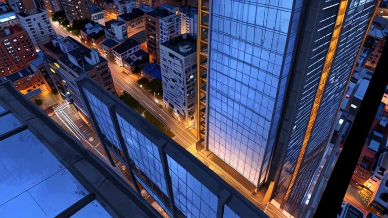 Vista aérea de edificios modernos en Bogotá iluminados al atardecer, reflejando un ambiente tecnológico.