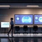 Oficinas modernas de una empresa tecnológica con pantallas mostrando gráficos de innovación