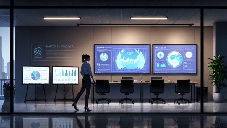 Oficinas modernas de una empresa tecnológica con pantallas mostrando gráficos de innovación