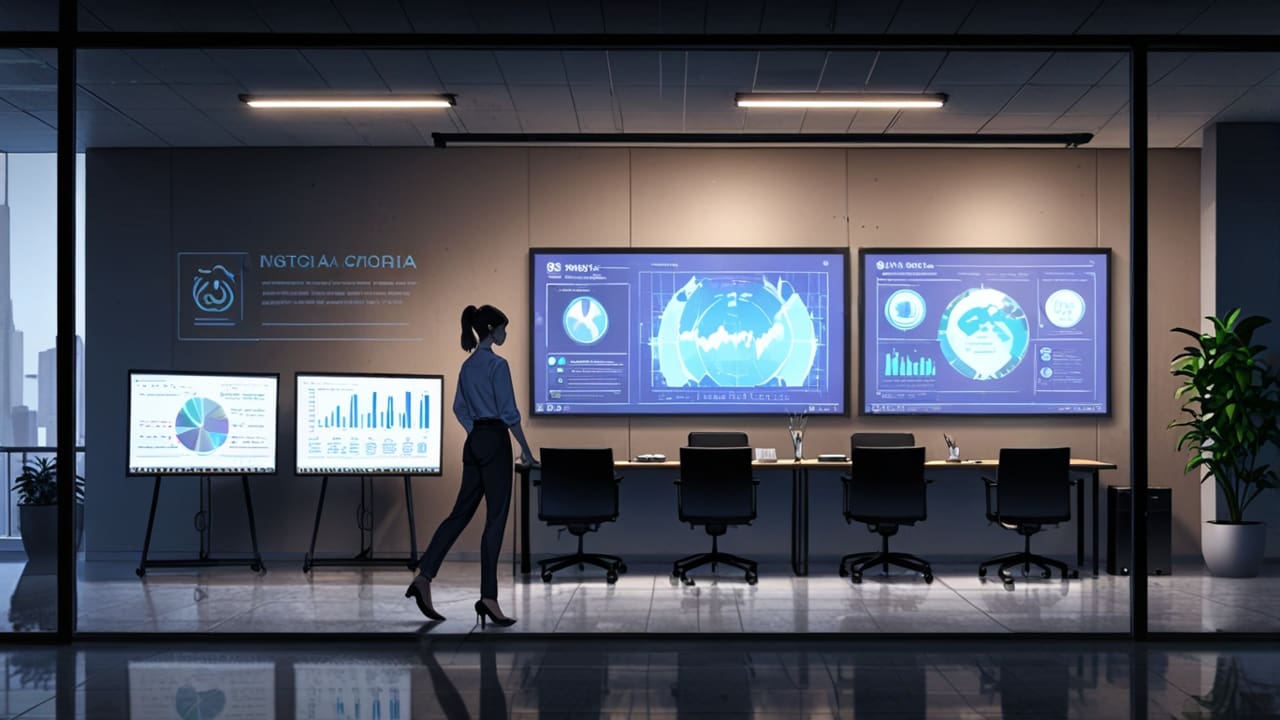 Oficinas modernas de una empresa tecnológica con pantallas mostrando gráficos de innovación