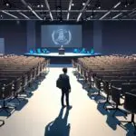 Un emprendedor tecnológico en un moderno centro de conferencias sobre tecnología.