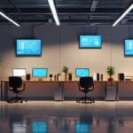 Oficinas modernas de una startup tecnológica con computadoras y pantallas LCD en funcionamiento