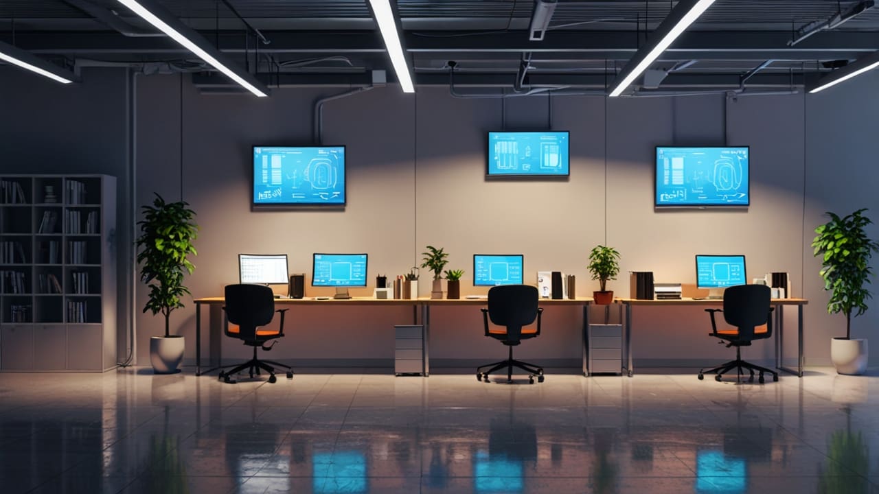 Oficinas modernas de una startup tecnológica con computadoras y pantallas LCD en funcionamiento