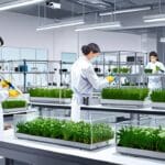Laboratorio moderno con equipos de biotecnología y plantas en cultivo controlado.