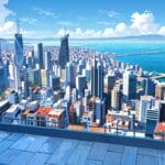 Vista panorámica de una ciudad con el mar al fondo, resaltando un ambiente limpio y moderno.