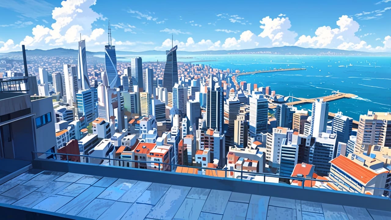 Vista panorámica de una ciudad con el mar al fondo, resaltando un ambiente limpio y moderno.