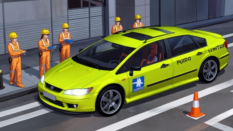 Vehículo autónomo de reparto en una moderna ciudad al mediodía