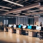 Oficinas modernas de una startup tecnológica con computadoras y equipos digitales