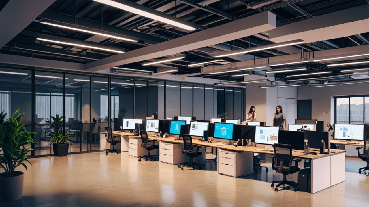 Oficinas modernas de una startup tecnológica con computadoras y equipos digitales