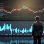 Vista de un gráfico financiero digital con índices bursátiles en un entorno corporativo moderno