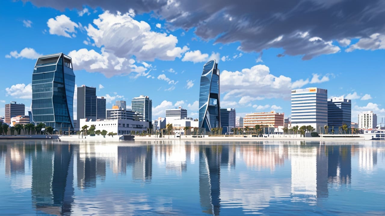 Vista del puerto de Valencia con edificios modernos y cielo despejado, reflejando un entorno innovador y tecnológico.