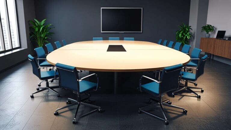 Oficina moderna con dispositivos tecnológicos sobre una mesa de reuniones