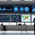 Oficina moderna con computadoras y pantallas mostrando datos y gráficos de inteligencia artificial.