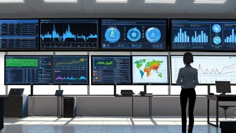 Oficina moderna con computadoras y pantallas mostrando datos y gráficos de inteligencia artificial.