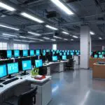 Interior de un moderno centro logístico con equipos tecnológicos avanzados y personal trabajando en estaciones de control digital