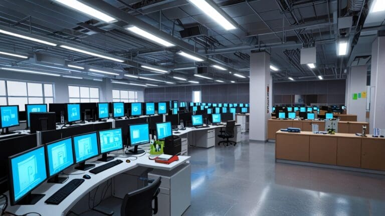 Interior de un moderno centro logístico con equipos tecnológicos avanzados y personal trabajando en estaciones de control digital