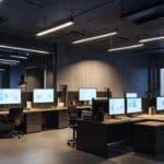 Oficinas modernas con computadores y pizarras digitales, ambiente de innovación tecnológica